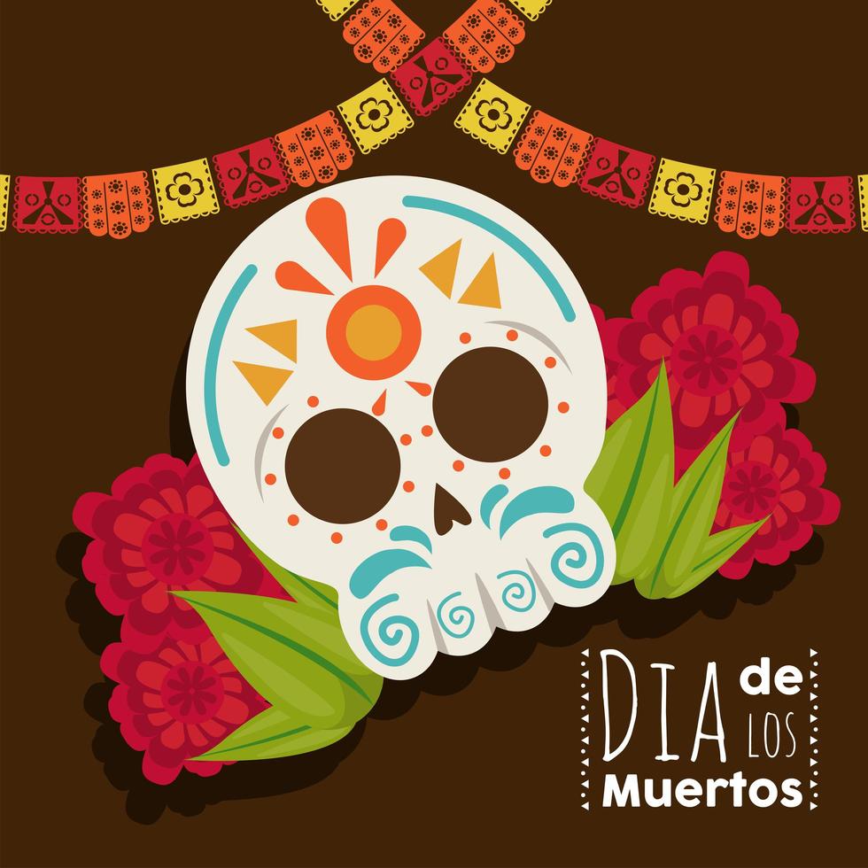 affiche dia de los muertos avec tête de crâne et fleurs vecteur