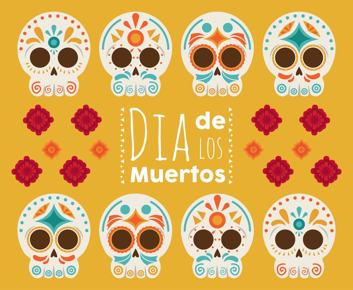 affiche de dia de los muertos avec têtes de crânes et fleurs vecteur