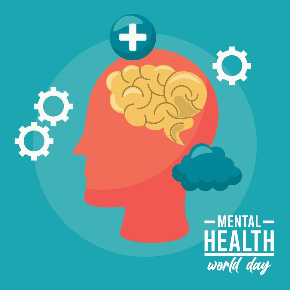campagne de la journée mondiale de la santé mentale avec profil du cerveau et engrenages vecteur