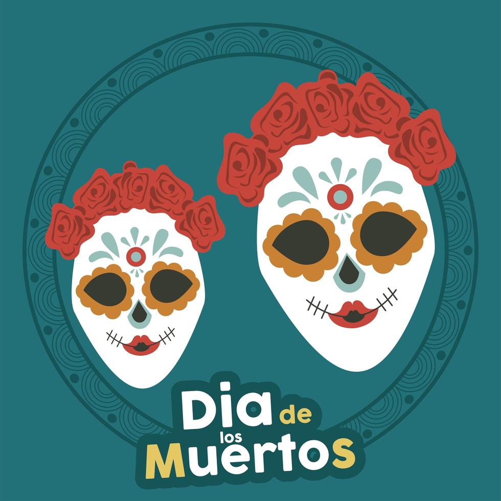 affiche de dia de los muertos avec des crânes de katrina et des couronnes florales vecteur