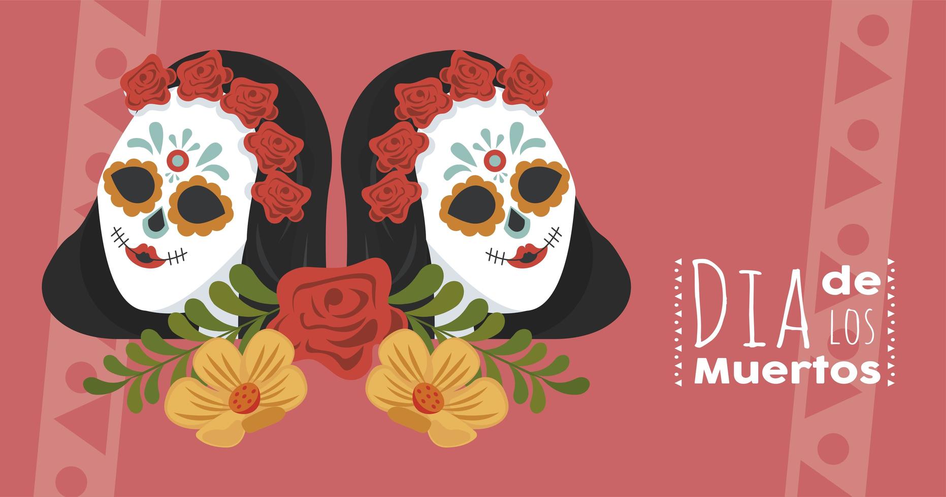affiche dia de los muertos avec crânes de katrina et décoration florale vecteur