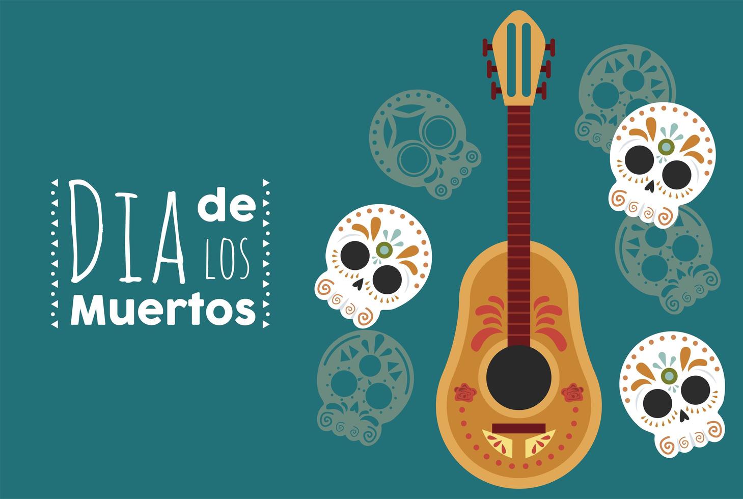 affiche dia de los muertos avec têtes de crânes et guitare vecteur