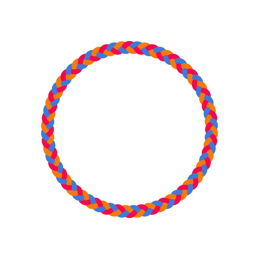 cadre vectoriel de cercle de corde tressée de couleur rouge, orange et bleue. bordure de lasso circulaire abstraite. conception de cordon nautique rond.