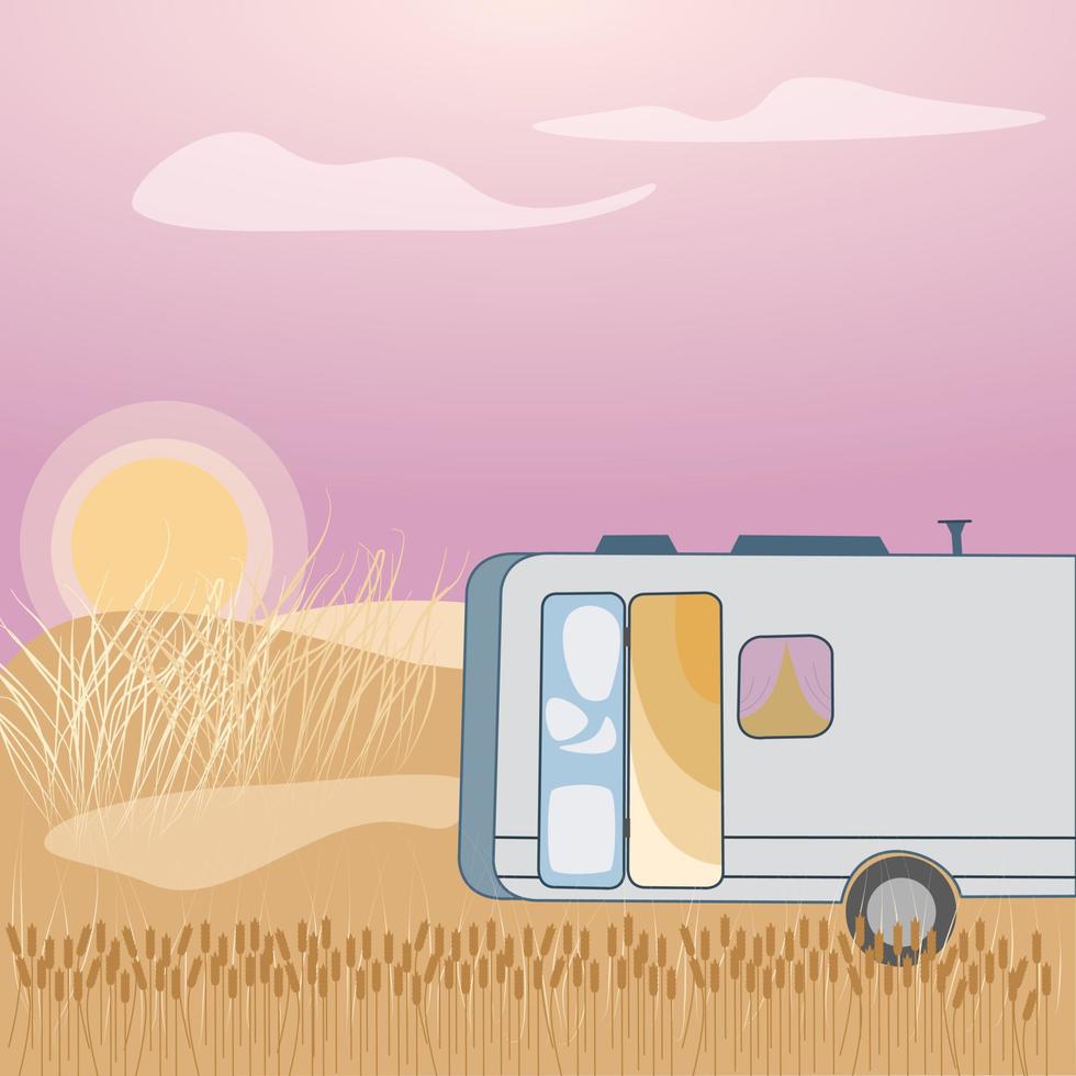 paysage avec camping-car au coucher du soleil dans un champ vecteur