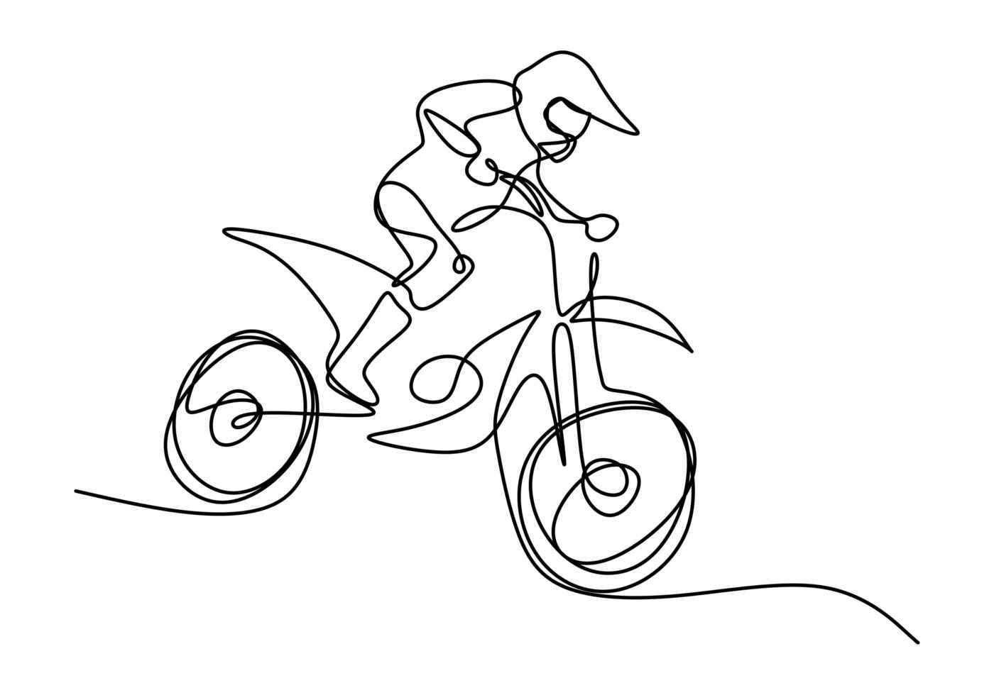 Un seul dessin au trait de jeune motocross grimper la colline au sol à la piste de course. concept de sport extrême. vecteur