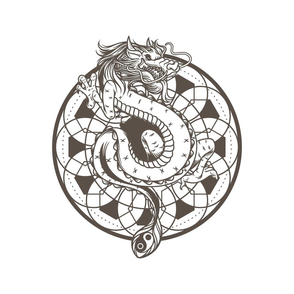 illustration vectorielle de dragon dessin, ancien mandala spirituel. serpent monstre dragon asiatique. personnage animal mythologie isolé sur fond blanc. vecteur