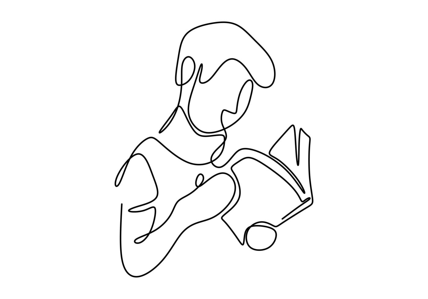 dessin au trait continu d'une personne assise et lisant un livre. vecteur