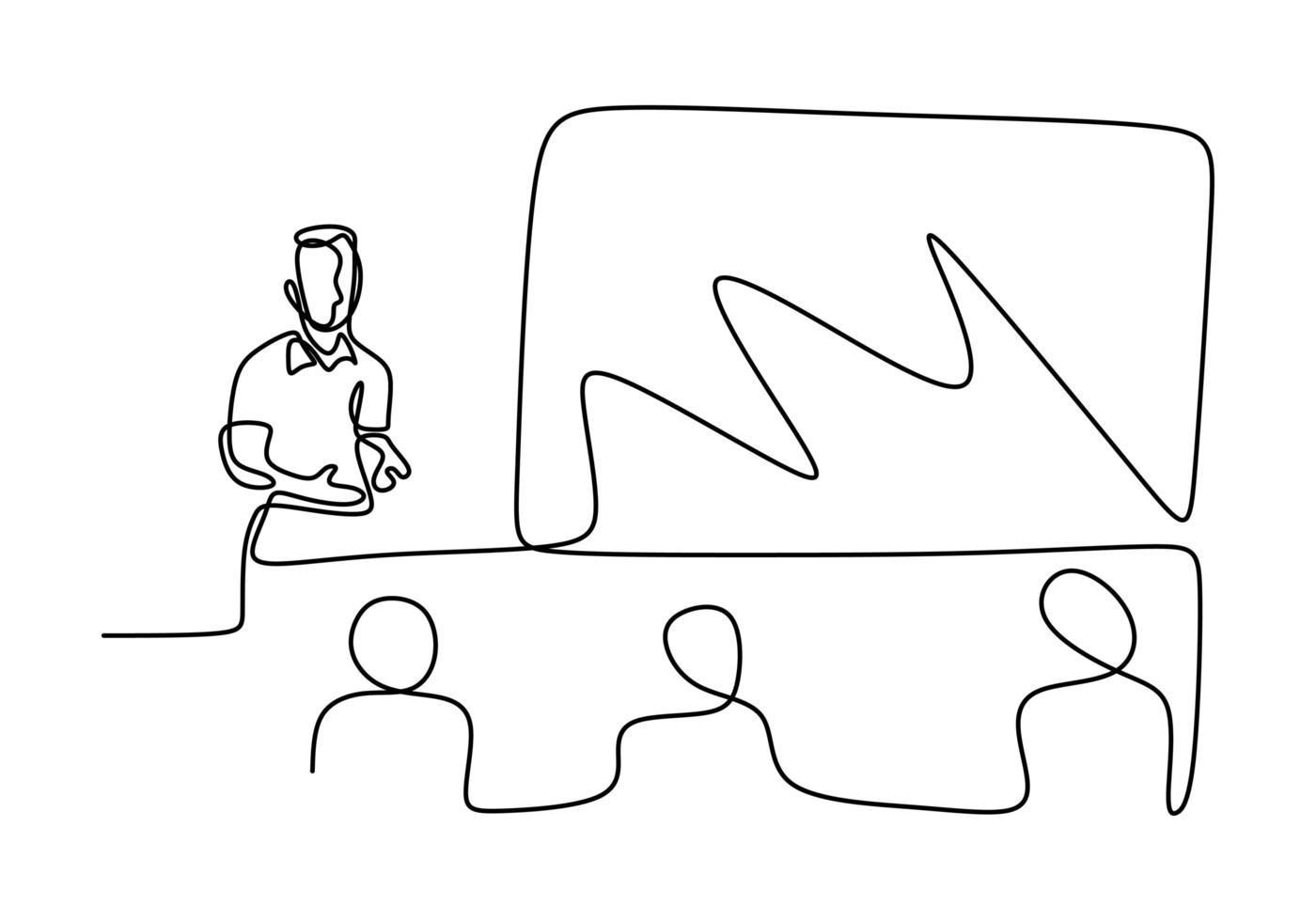 Un dessin au trait continu d'un enseignant explique quelque chose et donne une éducation à l'élève avec un tableau blanc. vecteur