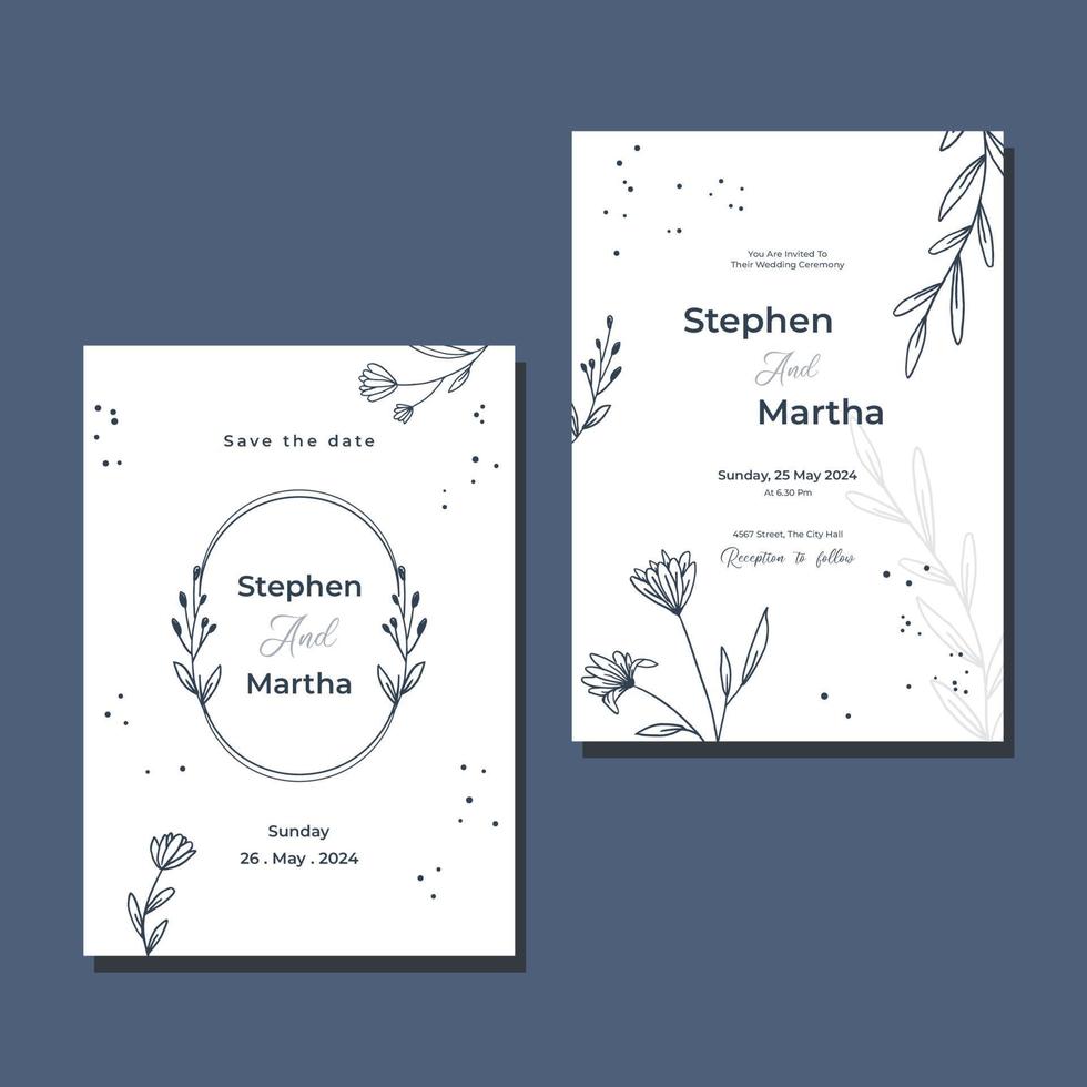 modèle d'invitation de mariage minimaliste décoration de feuilles dessinées à la main style simple vecteur