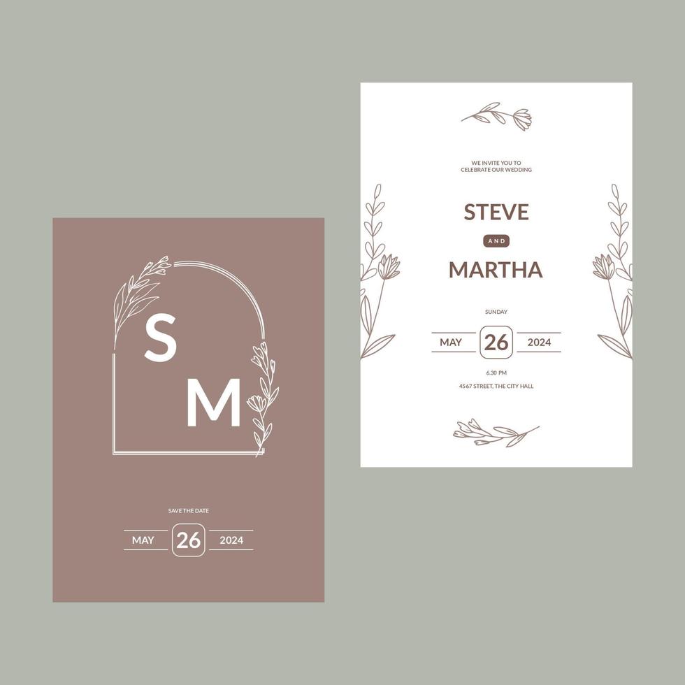 invitation de mariage floral minimaliste avec décoration de feuilles dessinées à la main vecteur