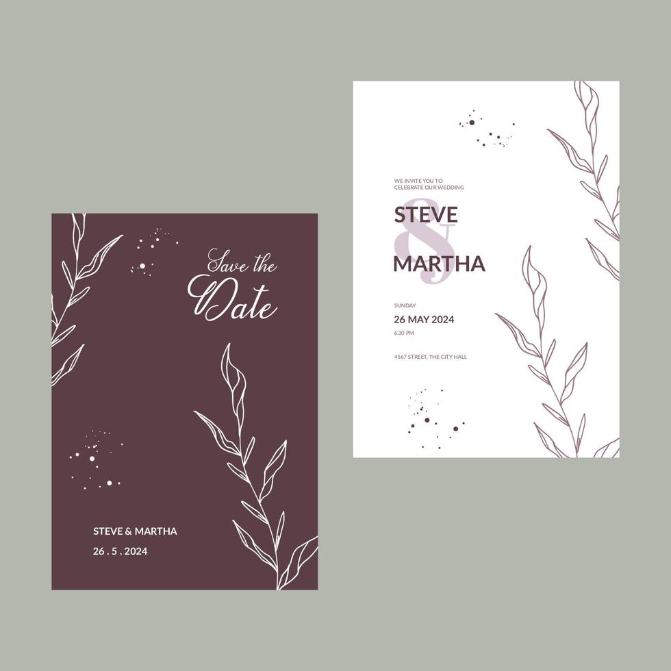 invitation de mariage floral minimaliste avec décoration de feuilles dessinées à la main vecteur