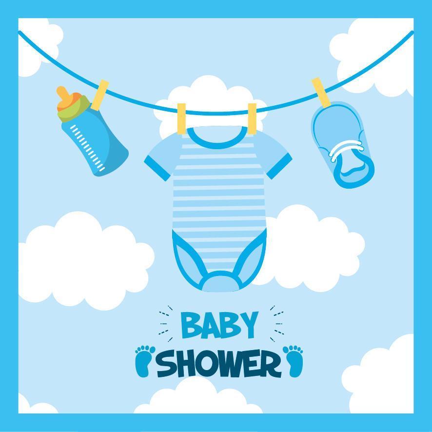 carte de douche de bébé avec des vêtements suspendus vecteur