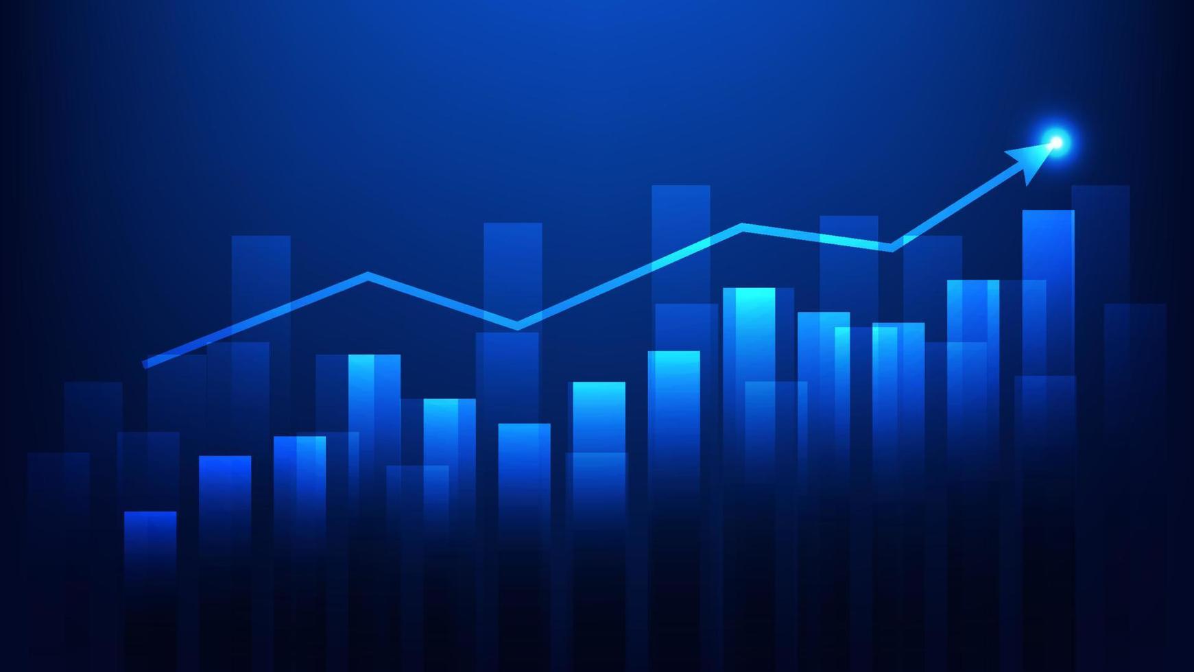 graphique à barres avec flèche de tendance haussière montrant la croissance des performances de l'entreprise et le bénéfice de l'investissement sur fond bleu vecteur