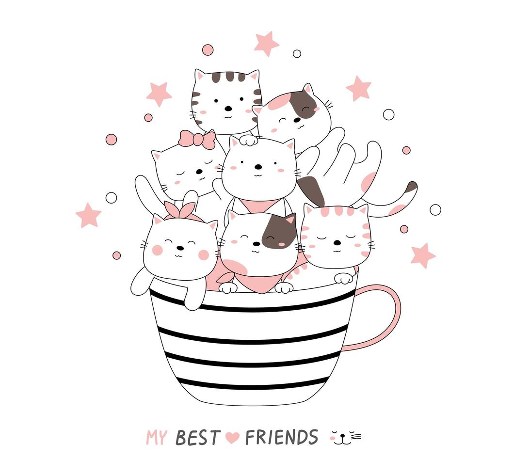 dessin animé mignon bébé chats dans des tasses à thé. style dessiné à la main. vecteur