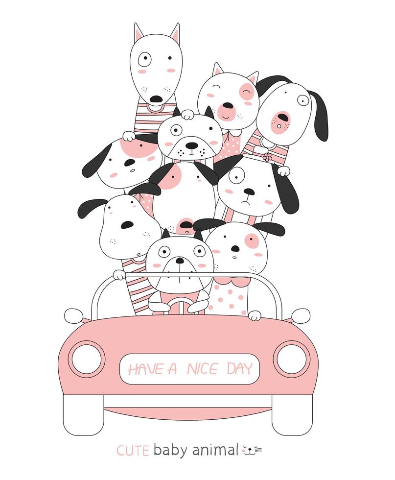 chiens de dessin animé dans la voiture rose. style dessiné à la main. vecteur