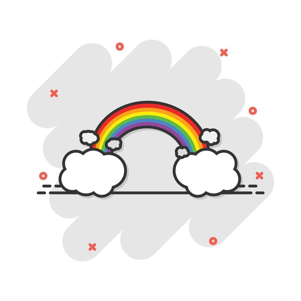 arc-en-ciel de couleur dessin animé avec icône de nuages dans le style comique. pictogramme d'illustration météo. signe arc-en-ciel splash concept d'entreprise. vecteur