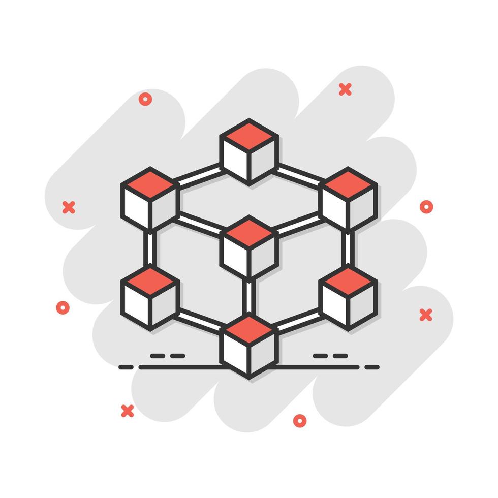 icône de technologie blockchain de dessin animé de vecteur dans le style comique. pictogramme d'illustration de concept de bloc de cube de cryptographie. concept d'effet d'éclaboussure d'entreprise d'algorithme de blockchain.