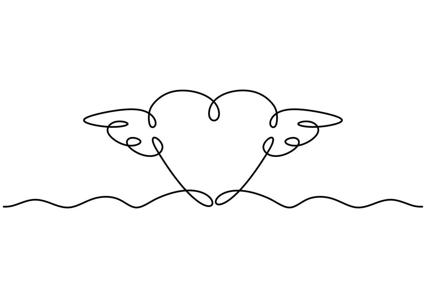 coeur avec des ailes, dessin d'une ligne continue. simplicité dessiné à la main, symbole de l'amour. vecteur