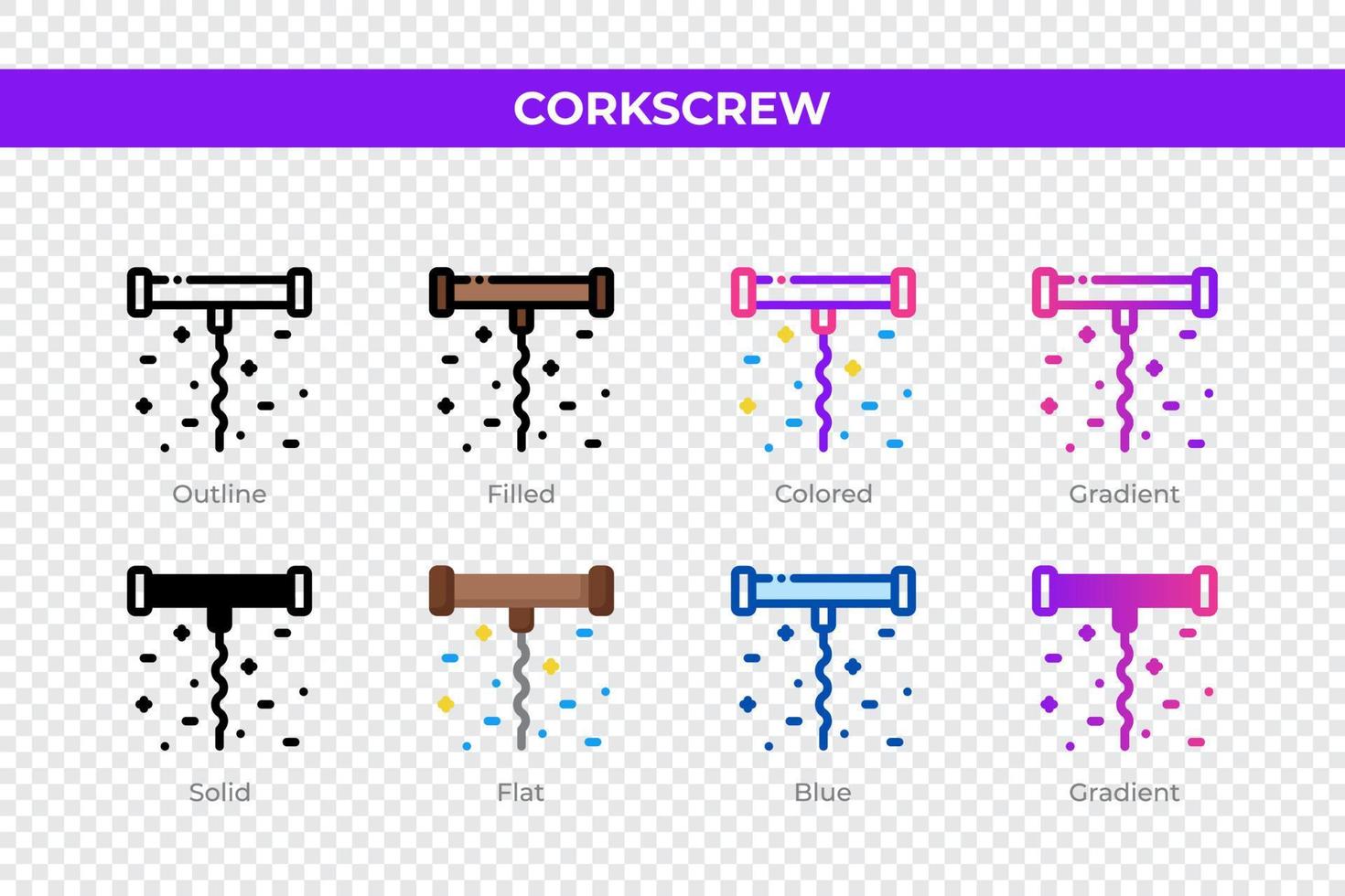 icônes de tire-bouchon dans un style différent. jeu d'icônes de tire-bouchon. symbole de vacances. jeu d'icônes de style différent. illustration vectorielle vecteur