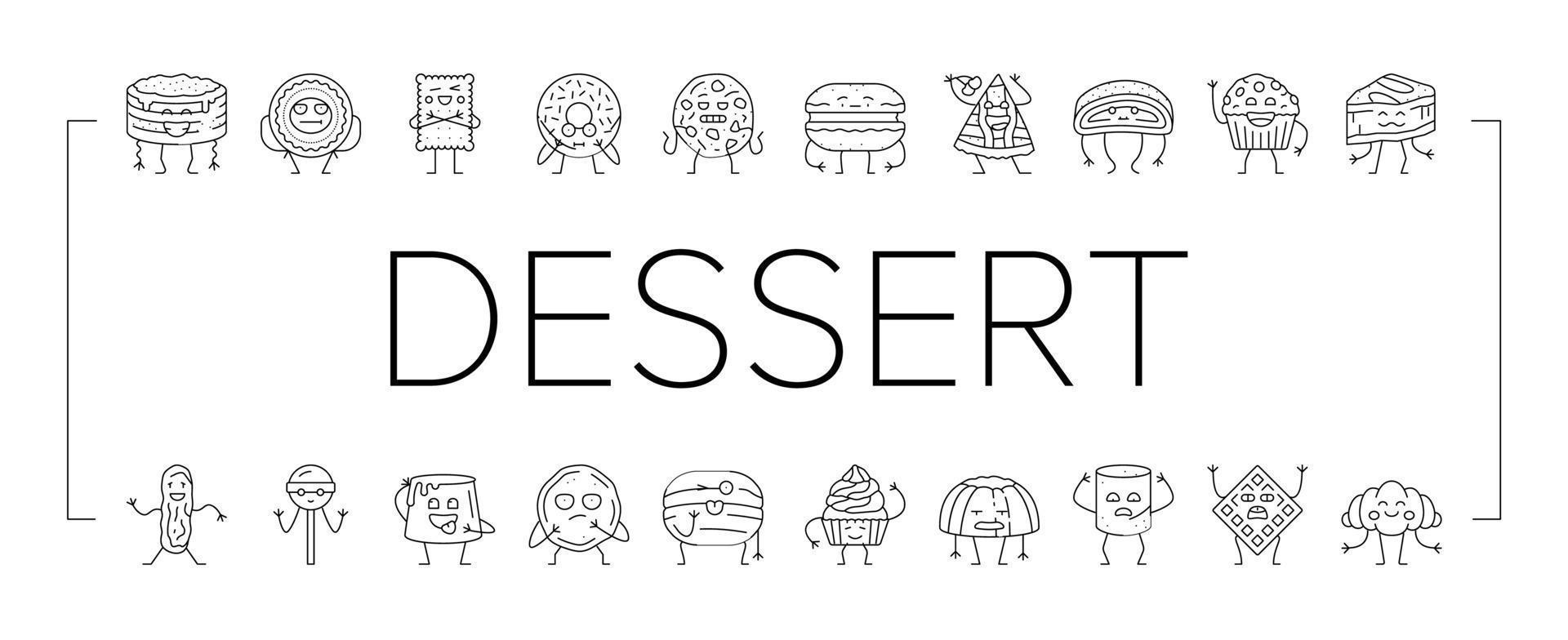 dessert, caractère, nourriture, gâteau, icônes, ensemble, vecteur