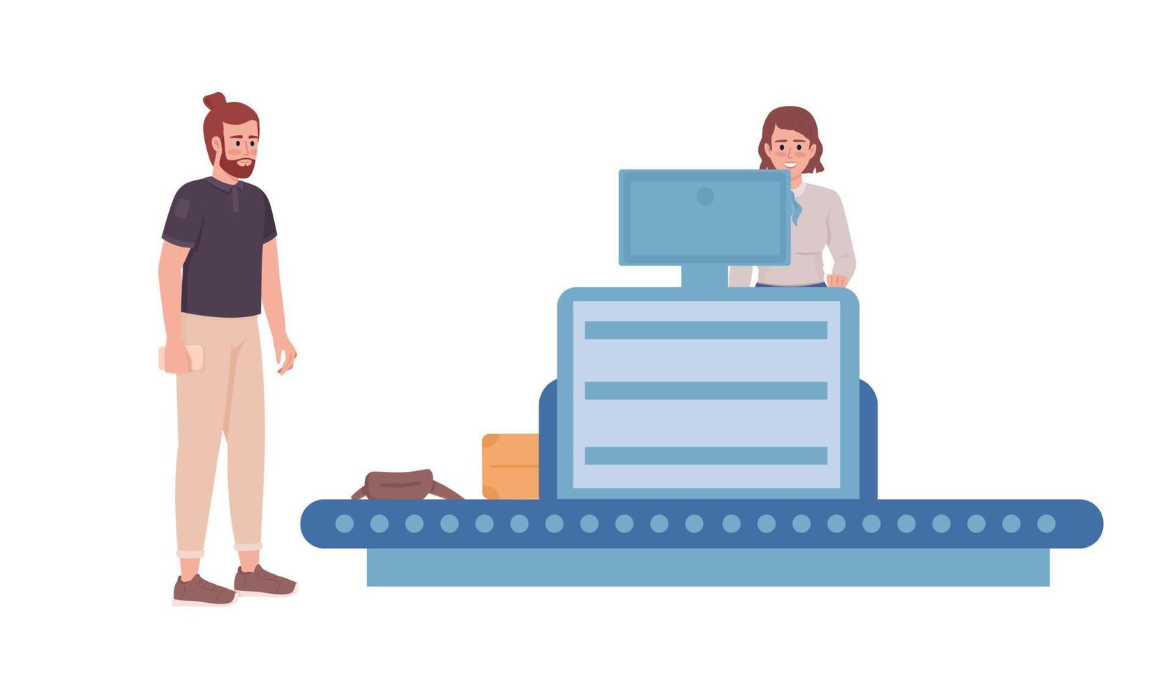 voyageur passant par l'enregistrement des bagages dans les caractères vectoriels de couleur semi-plat de l'aéroport. personnes modifiables du corps entier sur blanc. illustration de style dessin animé simple pour la conception graphique et l'animation web vecteur