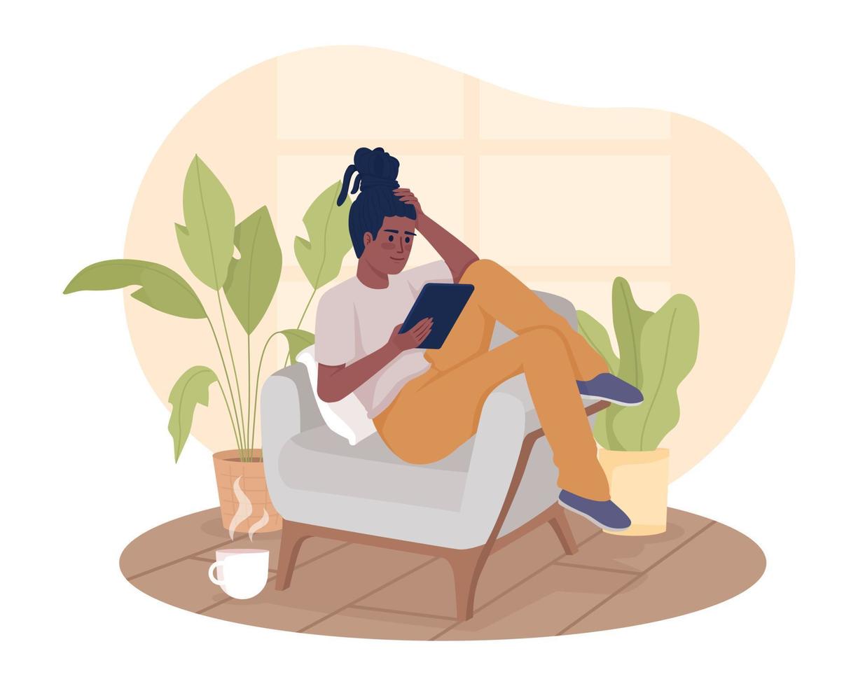 profitant d'un livre électronique en vacances illustration vectorielle 2d isolée. femme allongée dans un fauteuil avec un personnage plat de tablette sur fond de dessin animé. scène modifiable colorée pour mobile, site Web, présentation vecteur