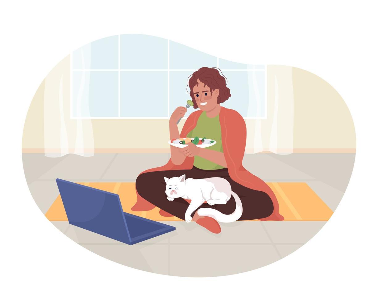 regarder des films en rafale illustration vectorielle 2d isolée. femme mangeant de la salade avec un ordinateur portable et un personnage plat de chat sur fond de dessin animé. scène modifiable colorée pour mobile, site Web, présentation vecteur