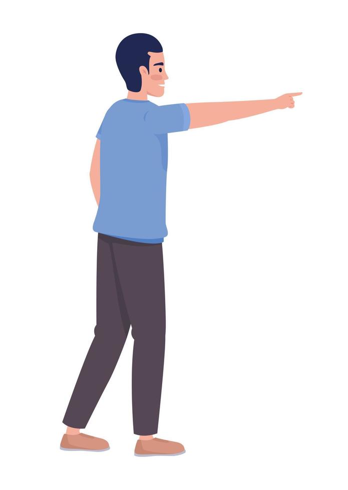 homme en vêtements décontractés montrant la direction avec le caractère vectoriel de couleur semi-plat du doigt. personne complète du corps modifiable sur blanc. illustration de style dessin animé simple pour la conception graphique et l'animation web