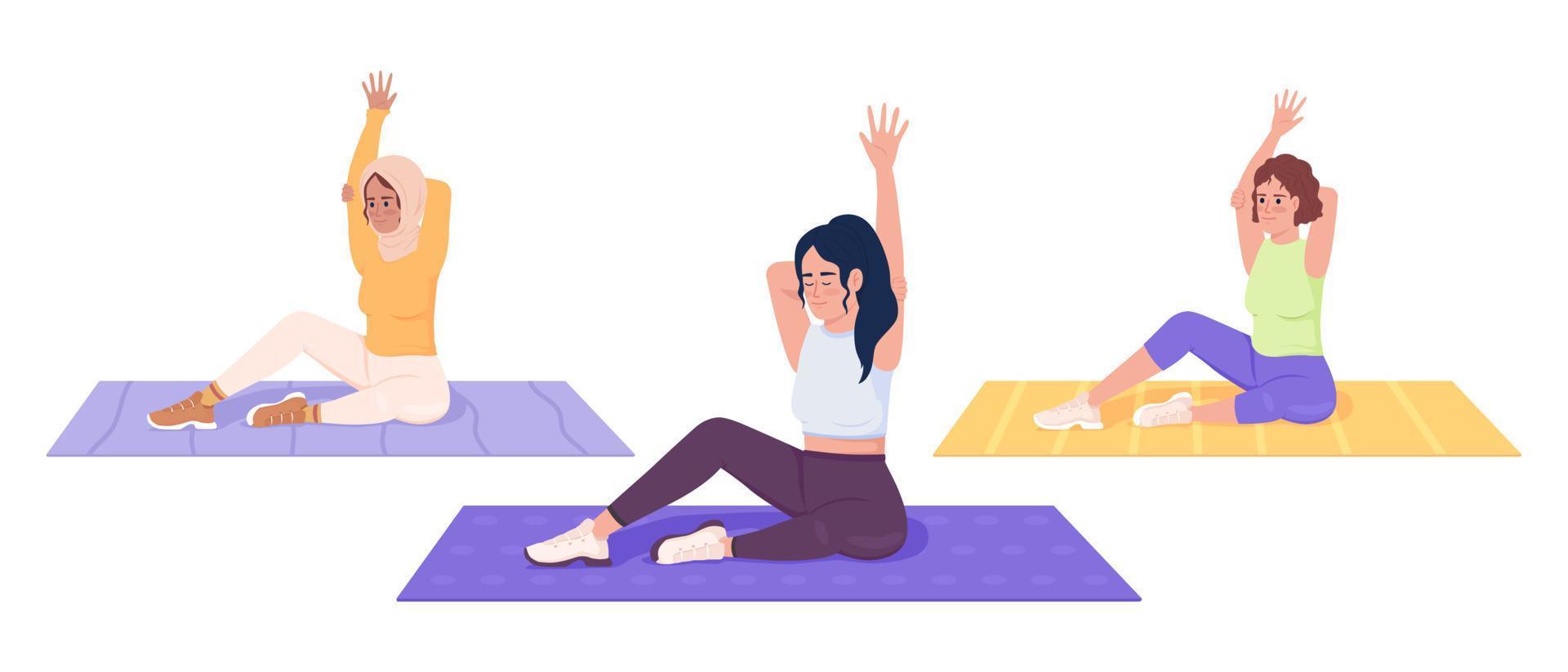 femmes travaillant ensemble des personnages vectoriels de couleur semi-plats. exercices de yoga. chiffres modifiables. personnes de tout le corps sur blanc. illustration de style dessin animé simple pour la conception graphique et l'animation web vecteur