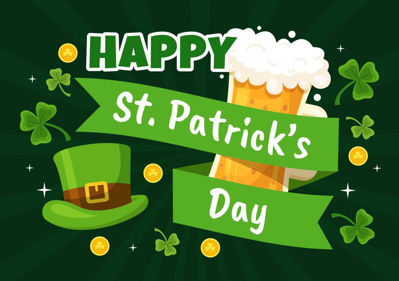 illustration de la saint-patrick heureuse avec des pièces d'or, un chapeau vert, un pub de bière et un trèfle pour la page de destination dans des modèles dessinés à la main de dessin animé plat vecteur