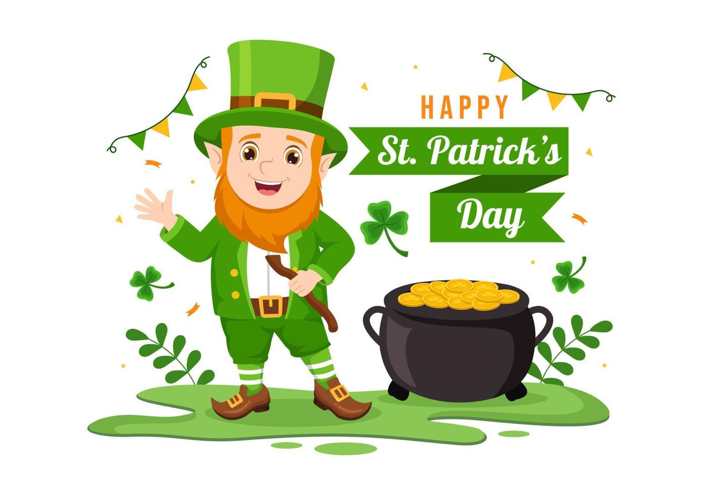 bonne illustration de la saint patrick avec des enfants, des pièces d'or, un chapeau vert, des lutins et un trèfle dans un dessin animé plat dessiné à la main pour les modèles de page de destination vecteur