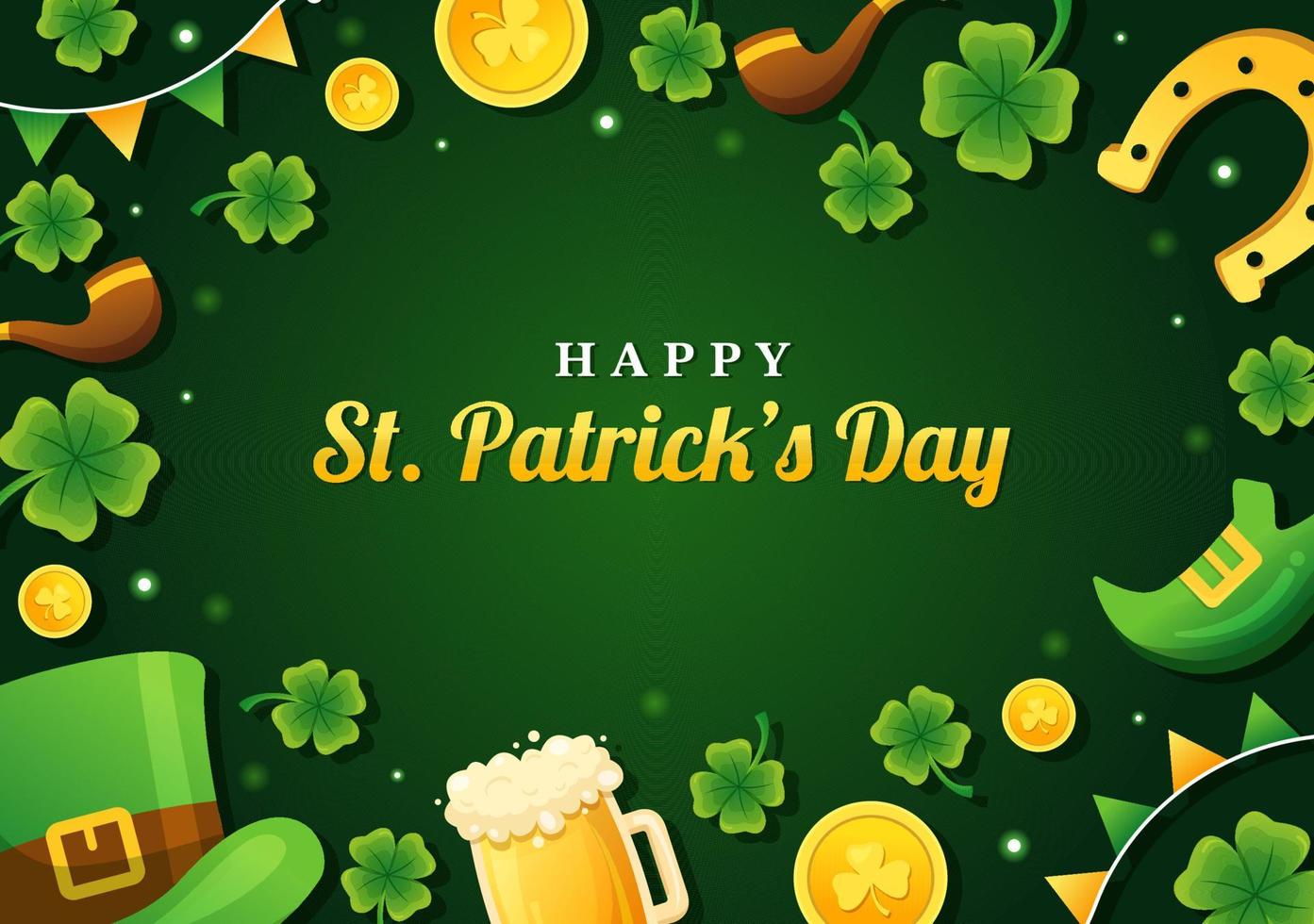 illustration de la saint-patrick heureuse avec des pièces d'or, un chapeau vert, un pub de bière et un trèfle pour la page de destination dans des modèles dessinés à la main de dessin animé plat vecteur