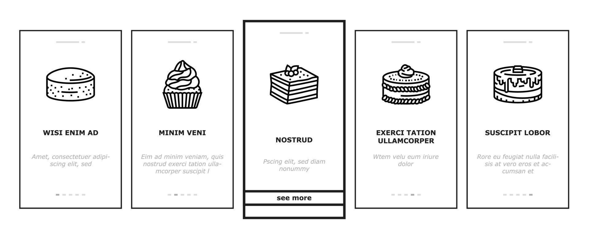 gâteau anniversaire nourriture dessert fête onboarding icons set vector