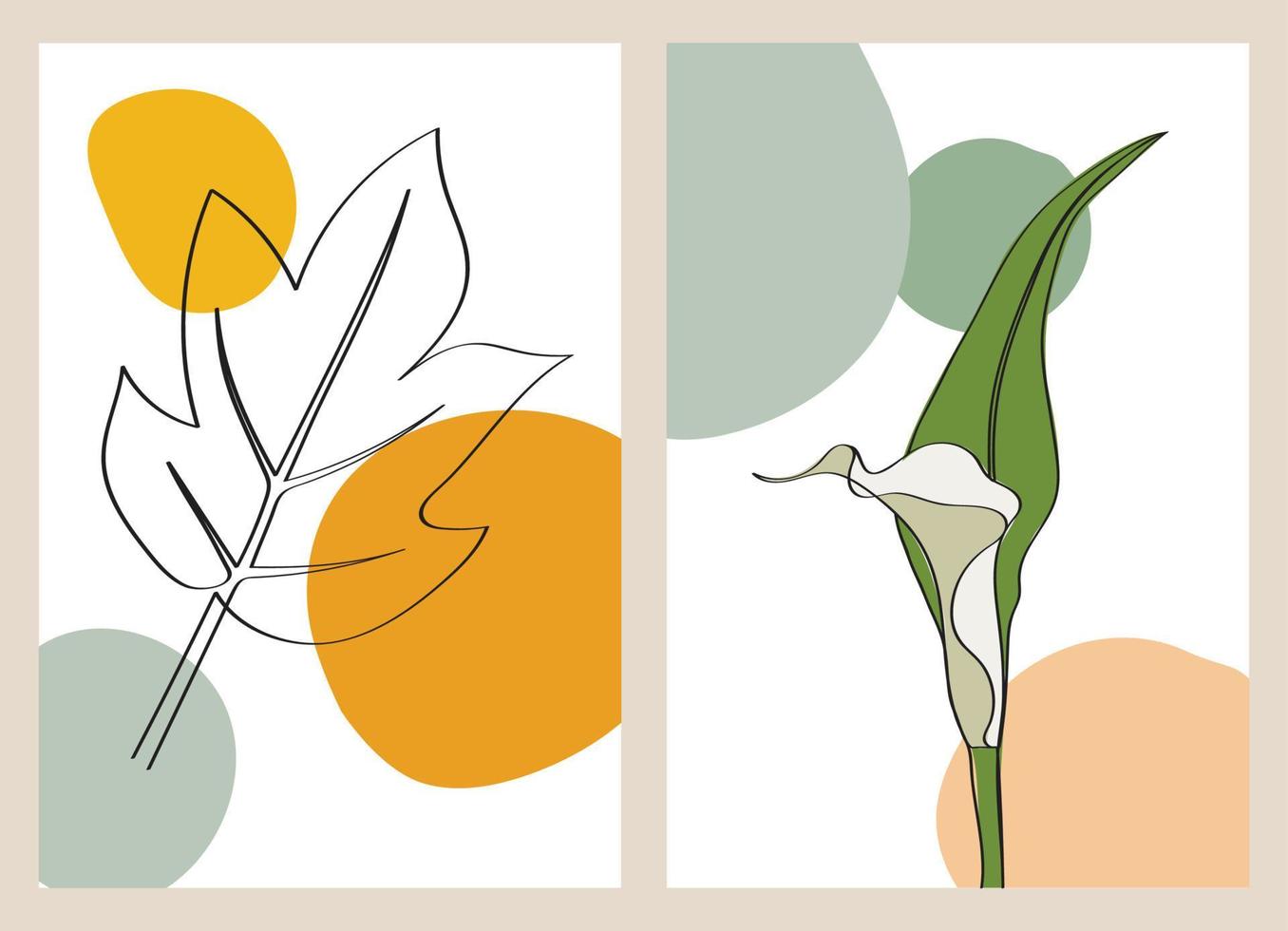 dessin d'art floral et feuillage en une ligne avec des formes abstraites pour l'impression, la couverture, le papier peint, l'art mural minimal et naturel. vecteur