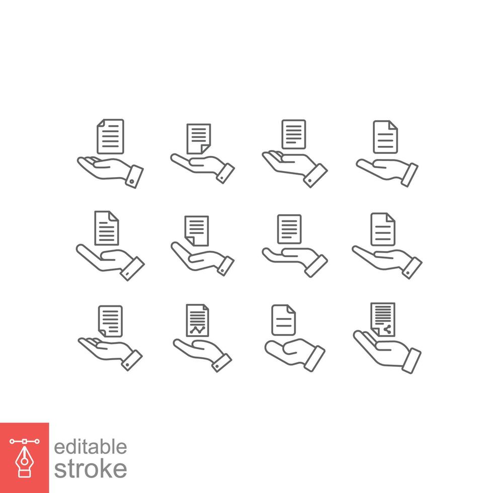 document dans le jeu d'icônes de la ligne de la main. symbole de fichier de style de contour. propriété, transfert, académie, concept d'accord commercial. illustration vectorielle isolée sur fond blanc. trait modifiable eps 10. vecteur