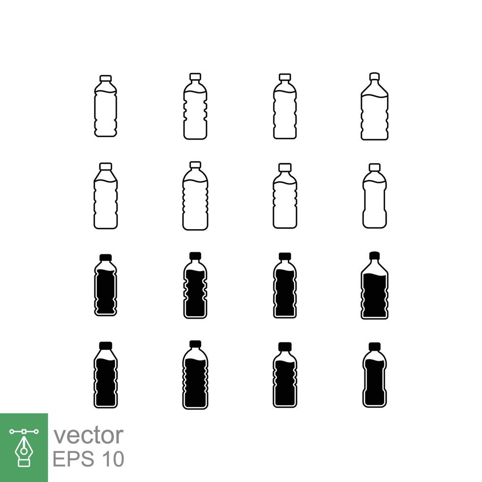 jeu d'icônes de ligne solide de bouteille d'eau. style de glyphe simple. bouteille en plastique, boisson, minéral, soda, jus, concept d'emballage de nourriture et de boisson. illustration vectorielle isolée sur fond blanc. ep 10. vecteur