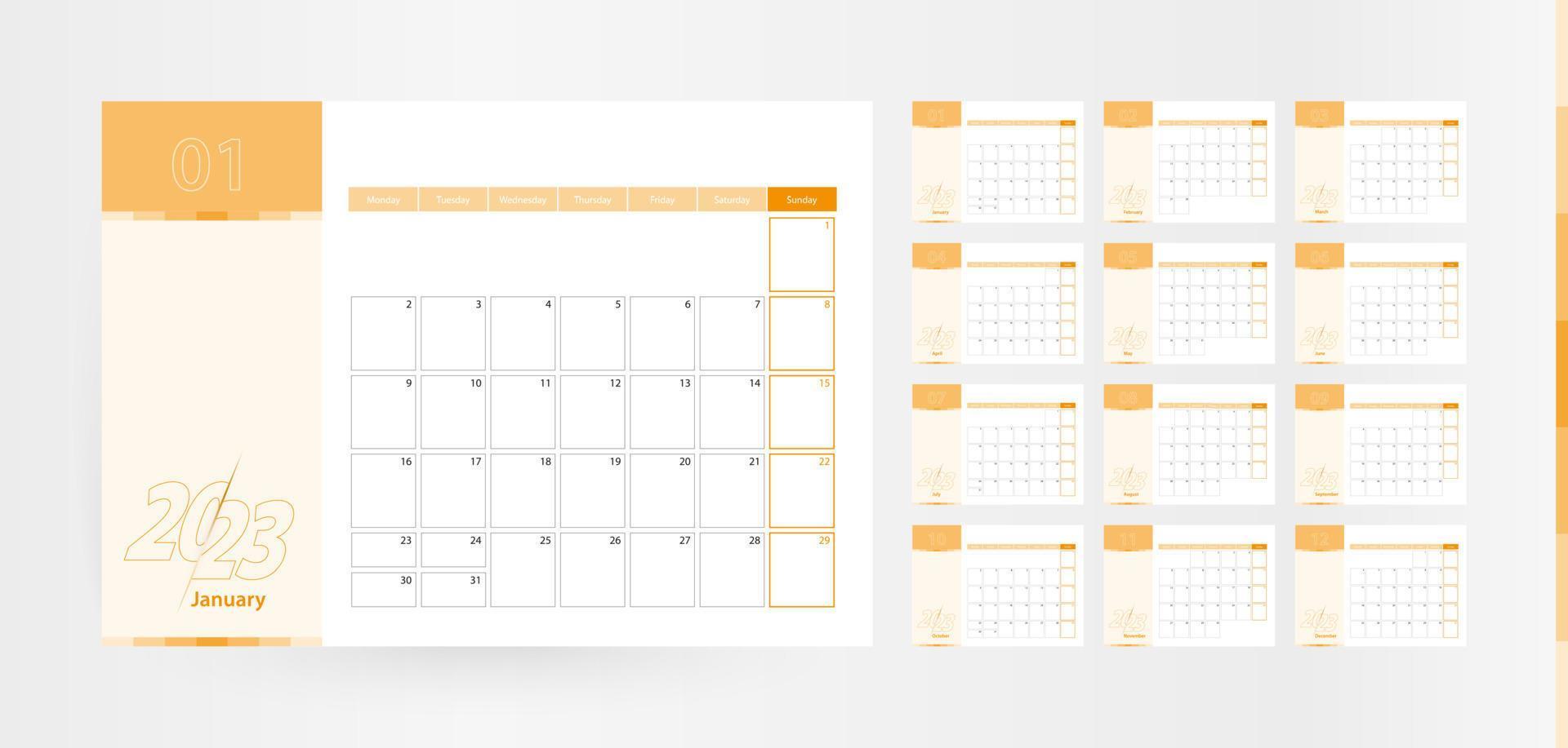 planificateur horizontal pour l'année 2023 dans la palette de couleurs orange. la semaine commence le lundi. un calendrier mural dans un style minimaliste. vecteur