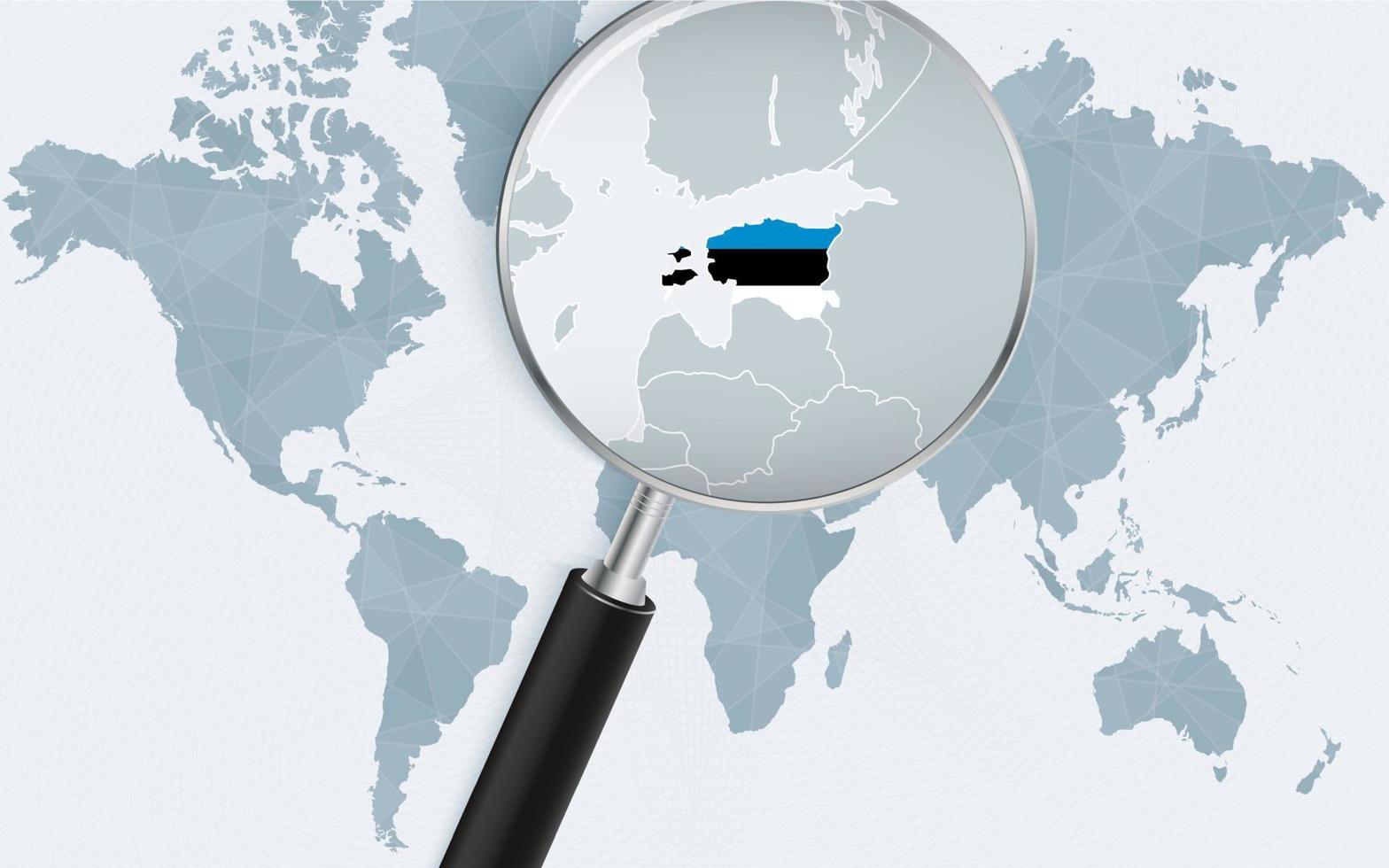 carte du monde avec une loupe pointant vers l'estonie. carte de l'estonie avec le drapeau dans la boucle. vecteur
