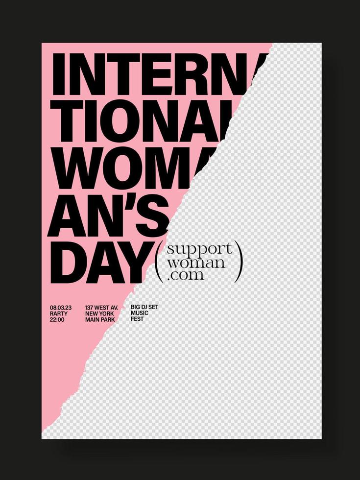 affiche d'invitation à la fête du 8 mars dans un style branché avec du papier déchiré et une grande typographie. vecteur