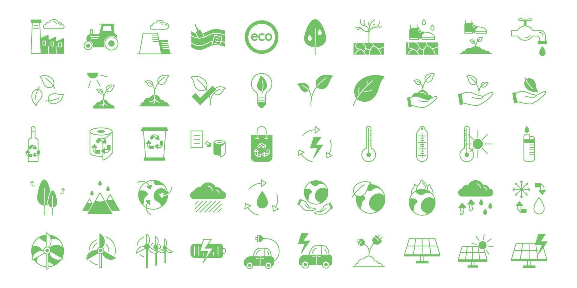 un ensemble d'icônes vectorielles vertes simples sur le thème de l'écologie, du recyclage, de la conservation du climat et de l'environnement. vecteur