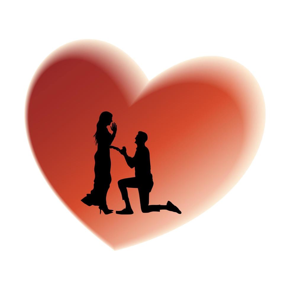 silhouette d'un couple d'amoureux devant un coeur rouge - couple de saint valentin vecteur