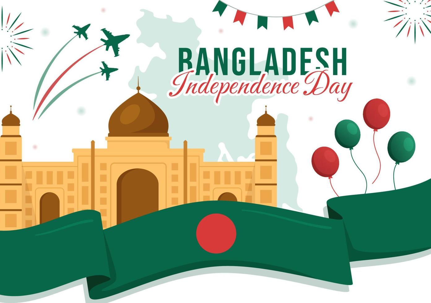 joyeux jour de l'indépendance du bangladesh le 26 mars illustration avec drapeau ondulant et fête de la victoire à la main plate dessinée pour les modèles de page de destination vecteur