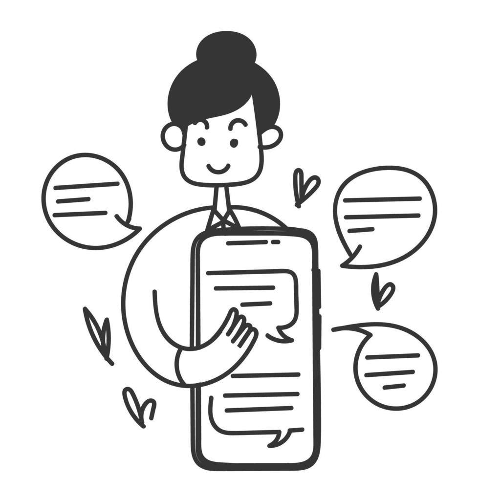 personne doodle dessiné à la main tenant un téléphone portable avec illustration de chat coeur et bulle d'amour vecteur