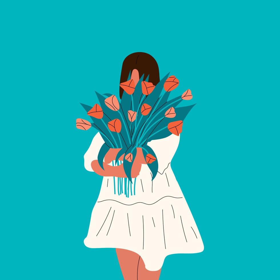 une femme tient un bouquet de tulipes. concept de féminité, de féminisme, de prospérité et d'amour de soi. vecteur