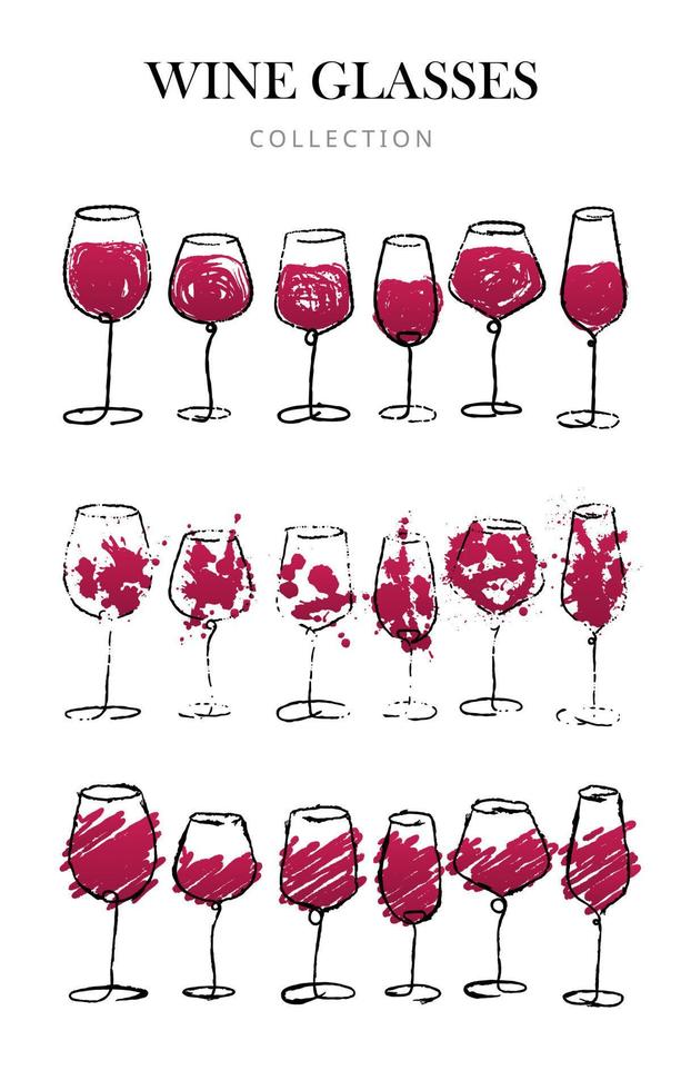 croquis dessiné à la main à l'aquarelle de l'ensemble de verres à vin. collection de verres à vin brosse grunge isolé sur blanc. pour la liste des menus d'un bar ou d'un restaurant, une invitation à une dégustation de vin ou une fête. éclaboussures de peinture rouge. vecteur. vecteur