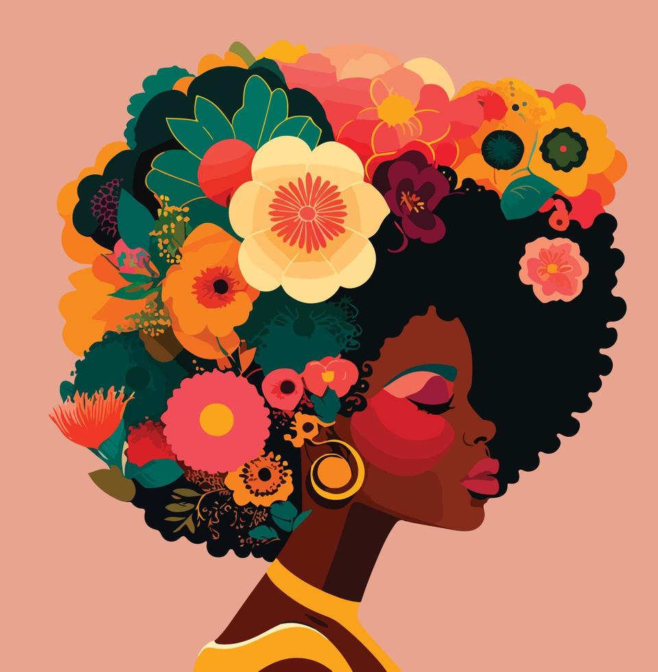 des illustrations de une noir femme afro avec floral modèle sur sa gros cheveux vecteur