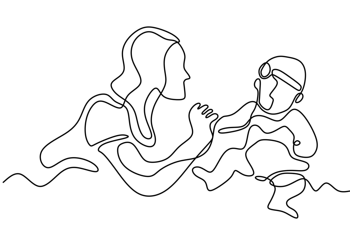 Bonne fête des mères. dessin d'une ligne continue. femme tient son bébé. donnant sa main à l'enfant. vecteur