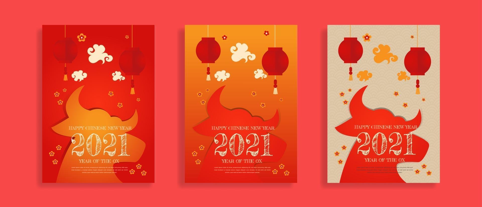 nouvel an chinois 2021 année du bœuf cartes de symboles du zodiaque chinois vecteur