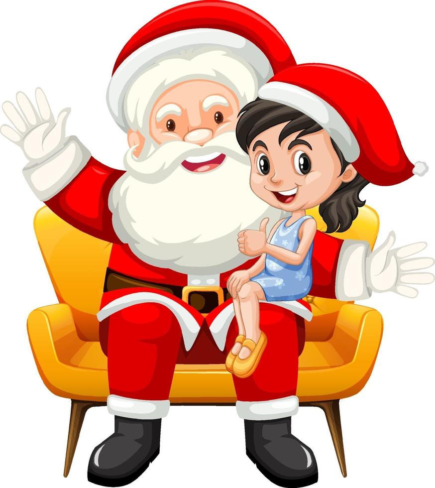 Père Noël assis sur ses genoux avec jolie fille sur fond blanc vecteur