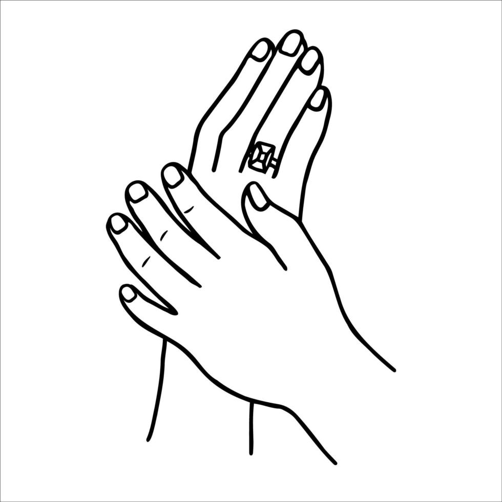 griffonnage dessin de femelle mains avec une diamant bague sur le bague doigt. vecteur esquisser de le mains de le la mariée après le engagement